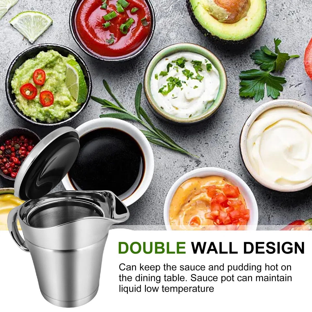 Salsera térmica de acero inoxidable de 450 ml: salsera con tapa abatible y asa, dispensador de salsas de doble pared, jarra de leche, para servir salsas, natillas, nata, salsa