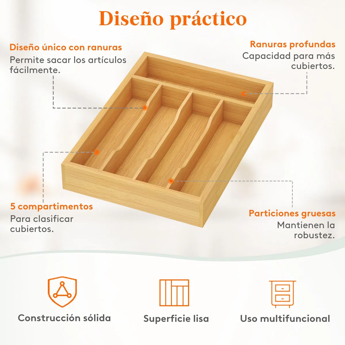 Lifewit Bandeja para Cubiertos, Organizador Cajones de Cubertos de Bambú, Cocina Organizador de Cubertería Compacto para Cucharas, Tenedores, Utensilios, Cuchillos, 5 Compartimentos, Natural