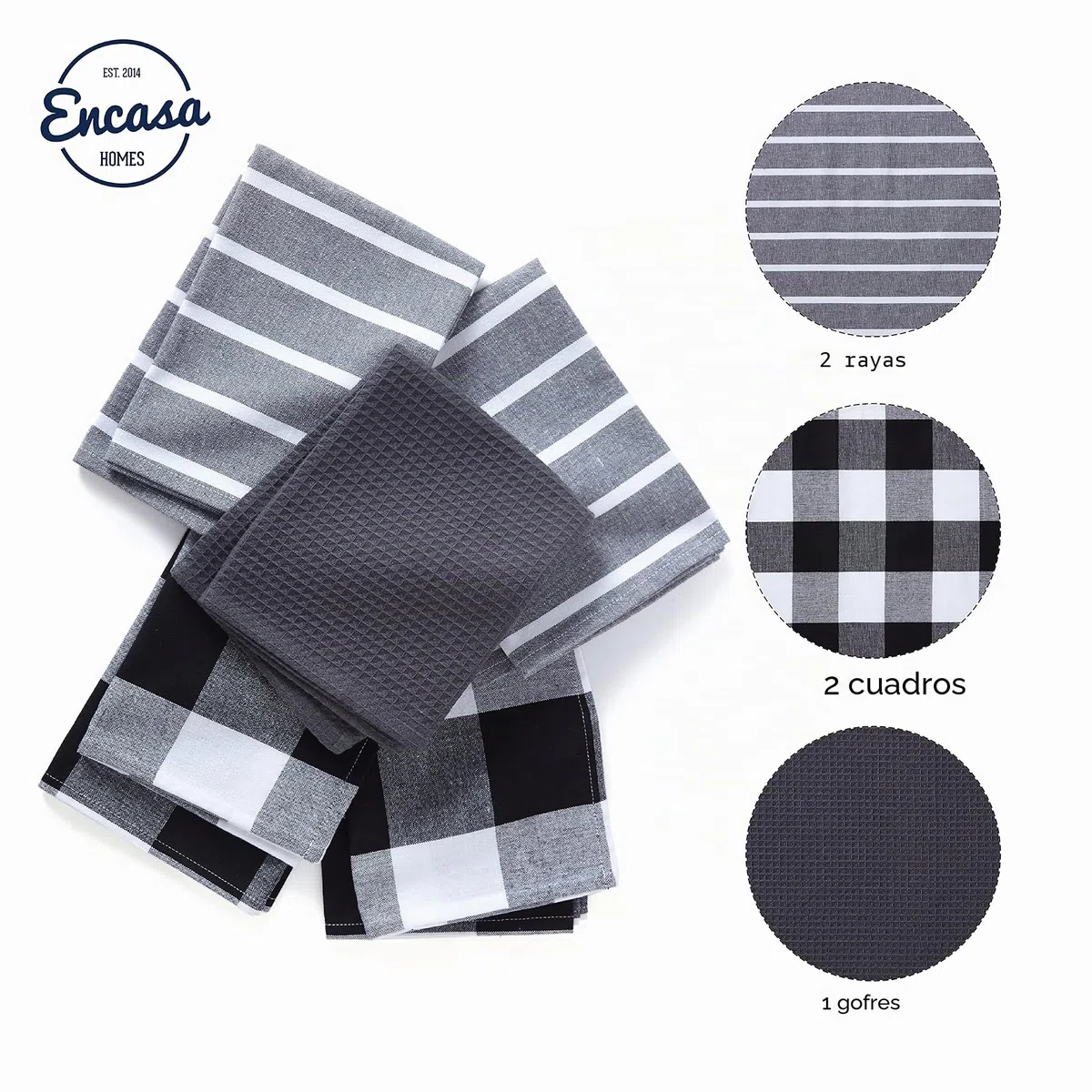 Encasa XO Paños y paños de cocina de algodón Encasa XO Gris | Toalla de té de tejido plano y tipo gofre | Juego de paños de cocina | 70x45 cm | Reutilizable y de secado rápido Juego de 5