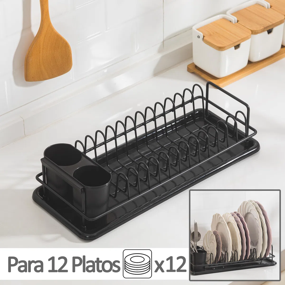Escurridor de Platos, Escurreplatos Compacto y Ahorra Espacio con Porta Cubiertos, Escurridor para Encimera o Fregadero – Capacidad para hasta 12 Platos, 41 x 17 x 10 cm (Negro)