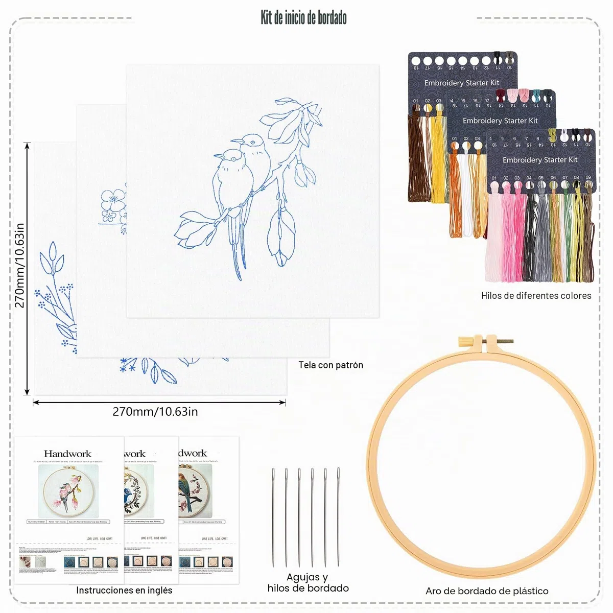JSRQT 3 Piezas Bordado de Mano Kit Bordado Pájaros Flores Cross Stitch a Mano Patrones para Bordar para Principiantes Adultos Embroidery Kit Bordado Starter Kit Punto de Cruz Kit Completo Manualidades