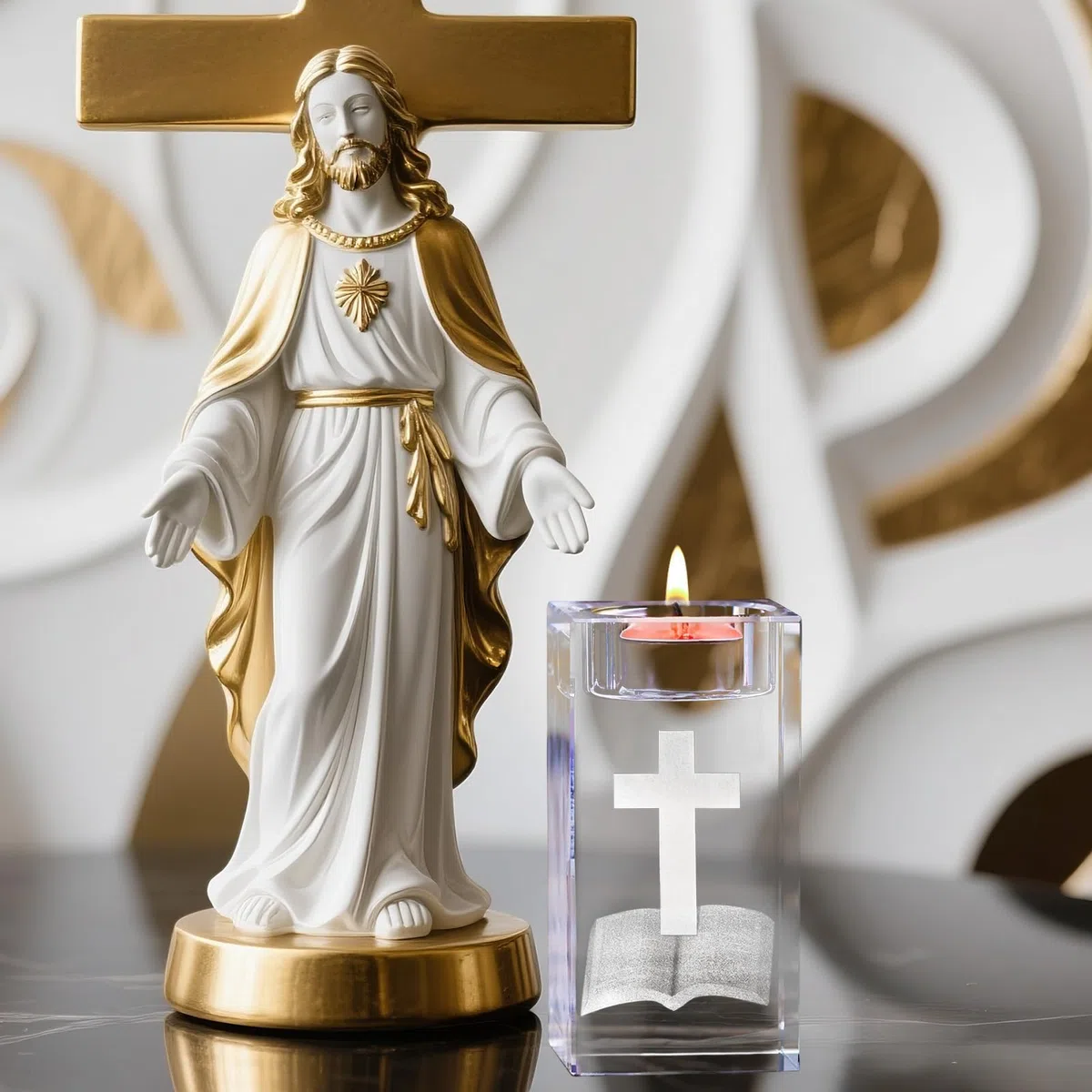 Portavelas Cristal con Cruz 3D y Grabado Biblia Transparente Portavelas Católico para Bodas Iglesias Oraciones Decoración de Mesa Meditación 5 x 5 x 8 cm