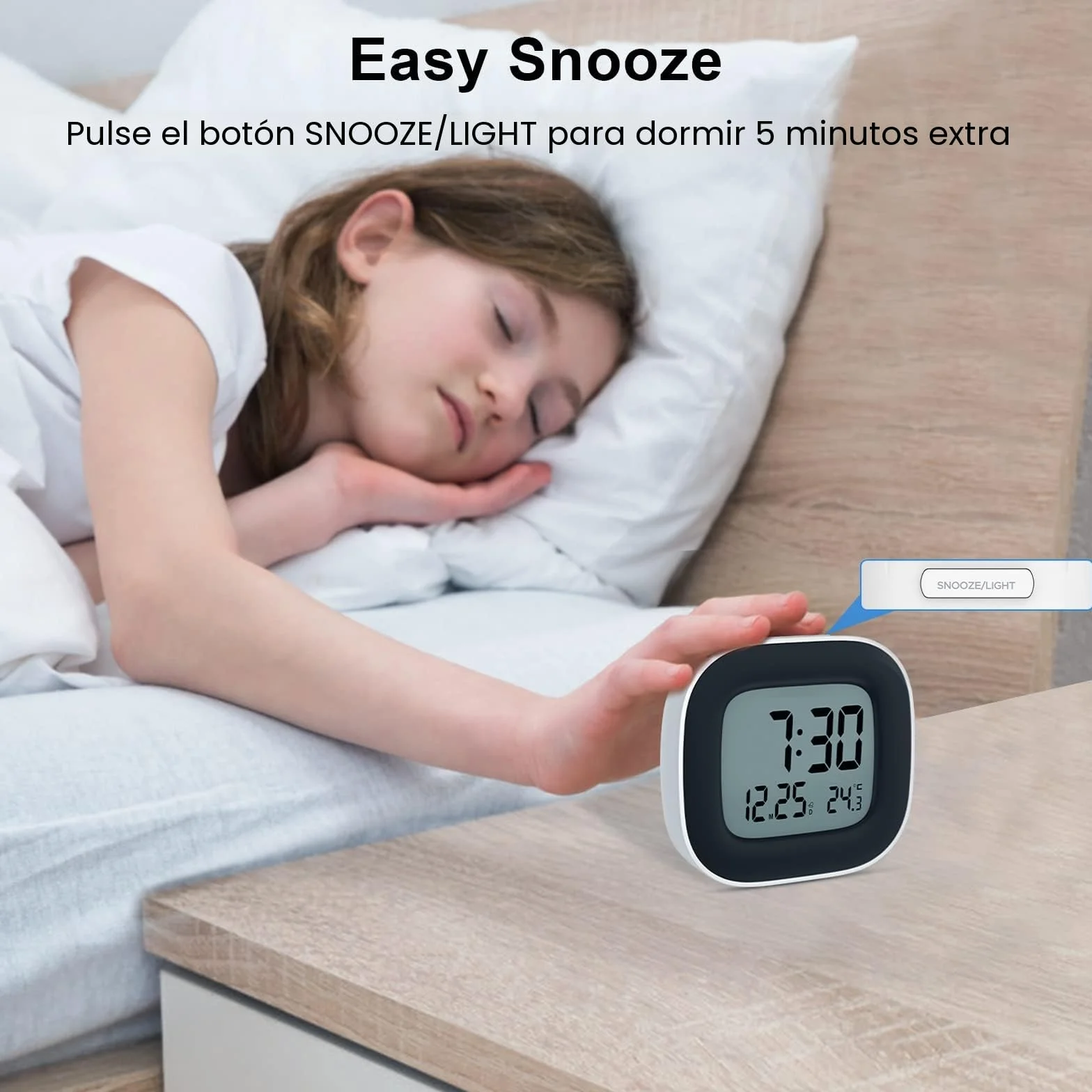 Despertador Digital Pilas Reloj Despertador Digital Pequeño con Luz, Despertador Inteligente con Temperatura Fecha y Zumbador Fuerte, Siesta, para Viajes Dormitorio (2 Baterías AAA Incluidas)