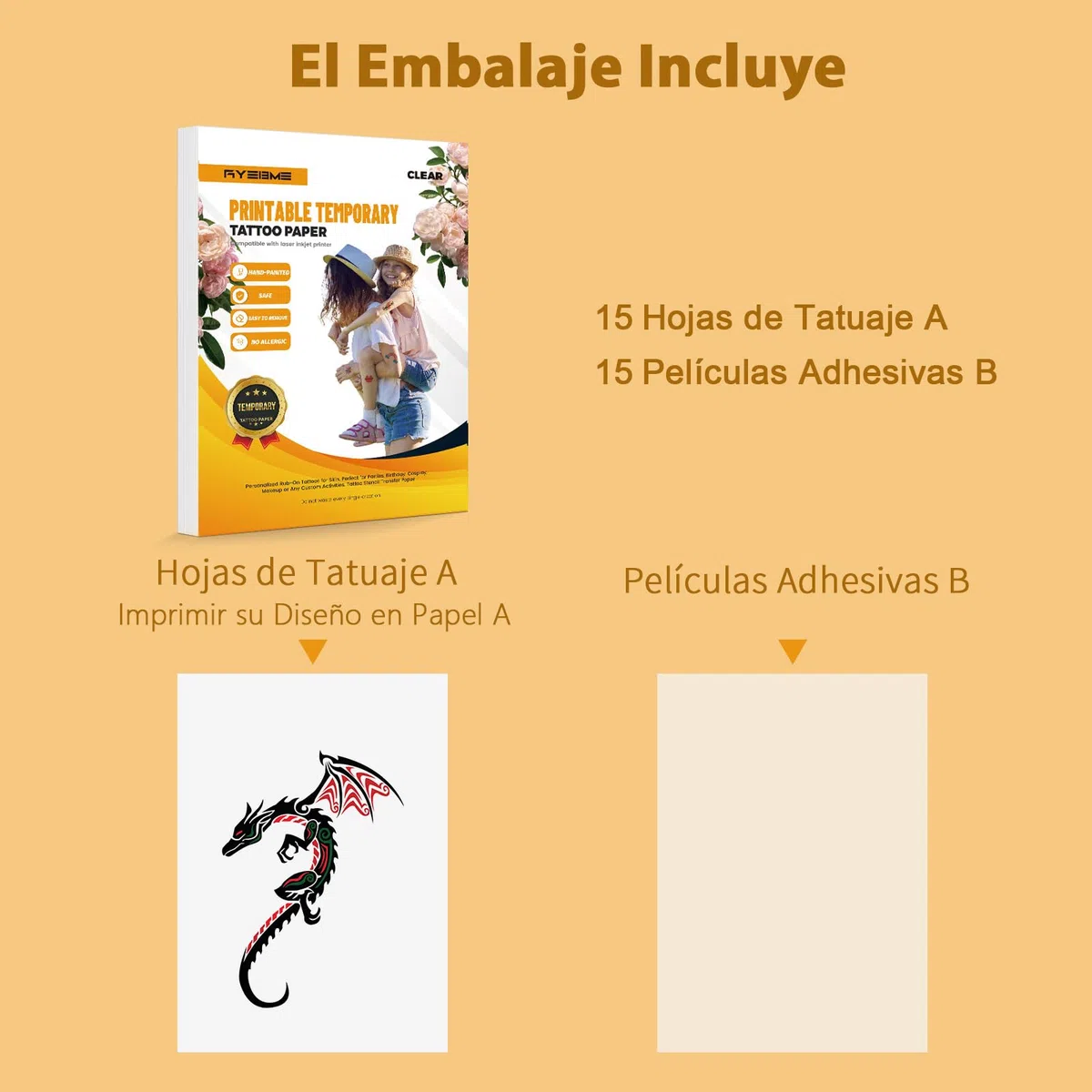 Papel imprimible para transferir tatuajes temporales para impresoras láser y de inyección de tinta,Tatuajes personalizados DIY Pegatinas Tamaño A4 1 pack: 15 papeles (Transparente)