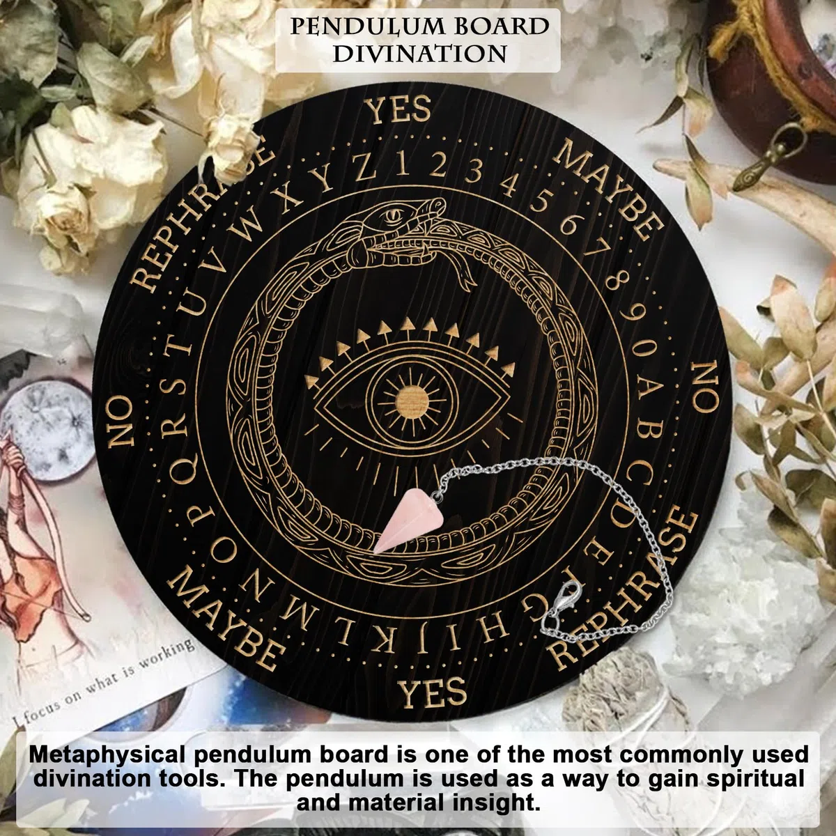 AHANDMAKER Juego de tablero de péndulo, tablero de madera para adivinación, tablero de mensajes metafísicos con collar de péndulo de cristal para brujería, kit de suministros de altar wiccano,