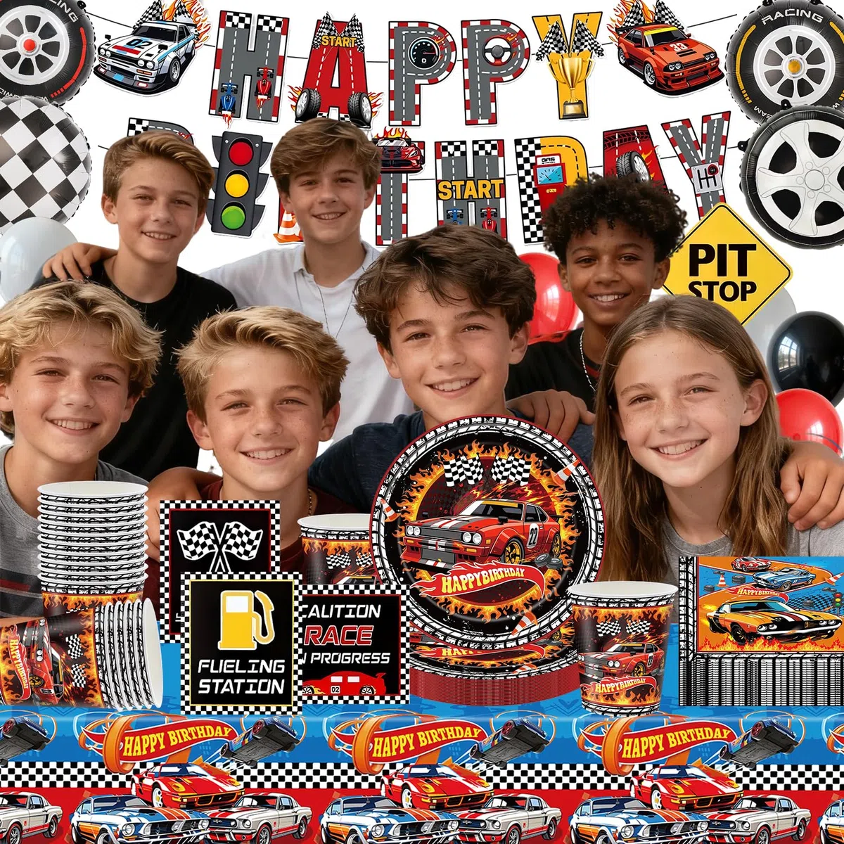 Racing Party cutlery set, 61Stk racing party decoration, dibujos animados temáticos cutlery including plates, tazas, tissues, tablecloths, decoraciones de cumpleaños para niños