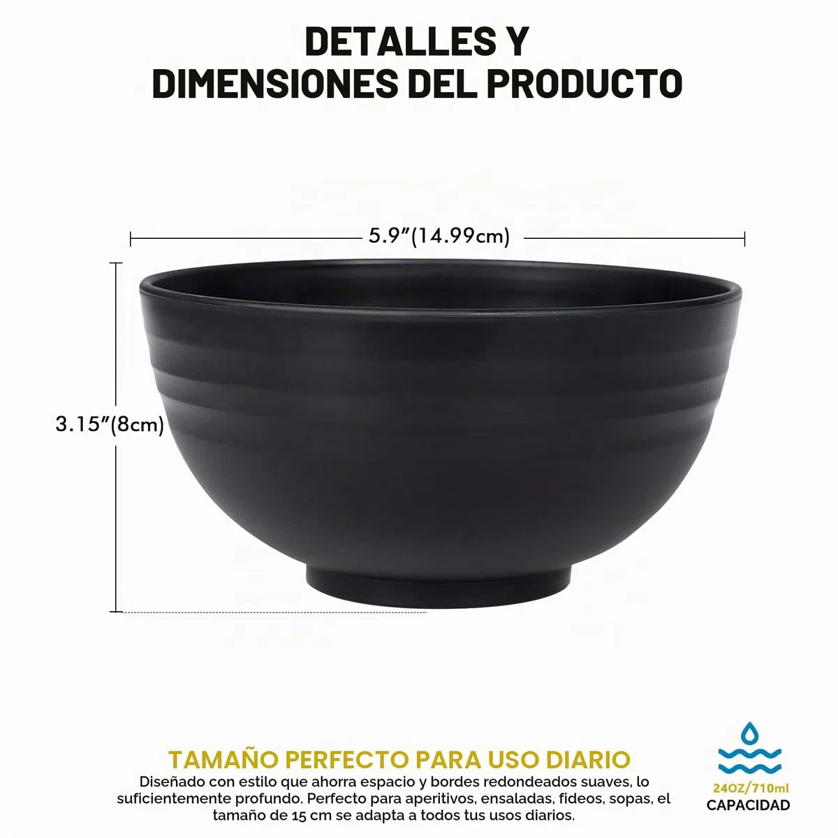 Greentainer Juego de 4 Cuencos 710ml (24oz), Boles para Cereales y Ensalada, Aptos para Microondas y Lavavajillas, Irrompibles y Apilable（Negro）
