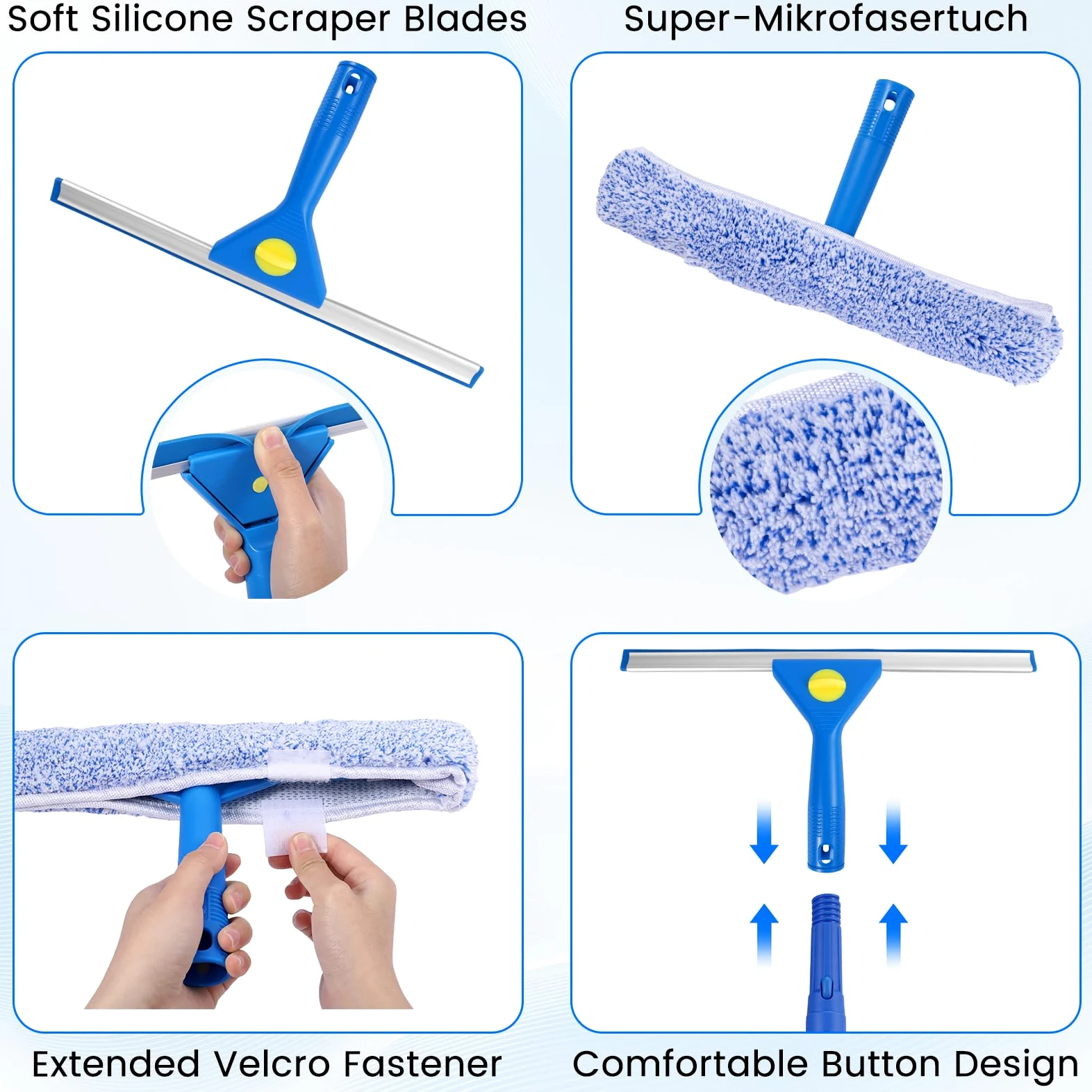 Limpiador de Ventanas con Mango Telescópico, Limpiacristales de Microfibra y Rasqueta de Silicona, Microfibra para Baño, Ducha, Cristal, Espejo, Coche