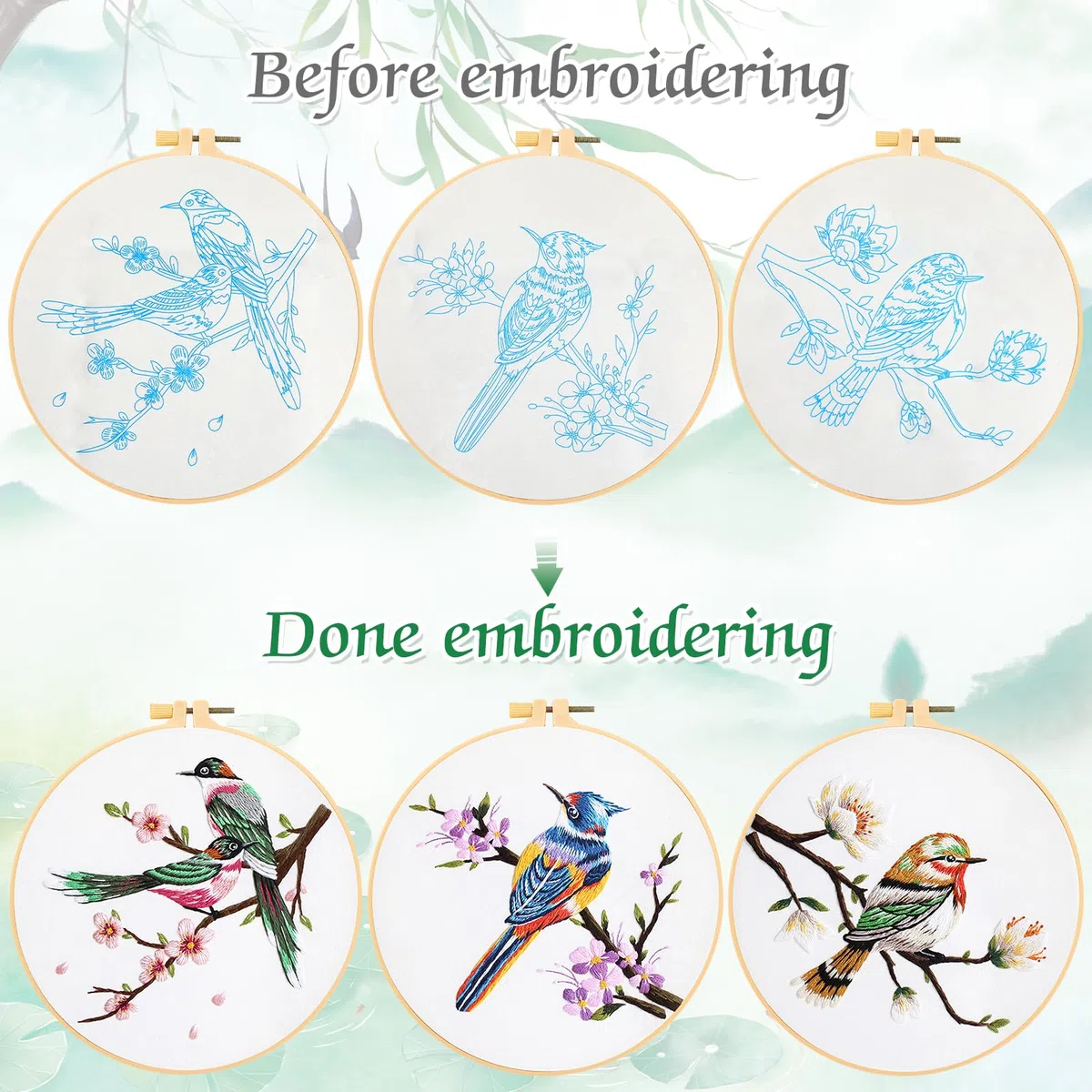JSRQT 3 Piezas Kit Bordado Embroidery Kit Pájaros Floral Plantas Kit de Bordado Principiantes Punto de Cruz Completo Bordadora Aguja Magica de Bordar Manualidades Adultos para Adulto Principiantes