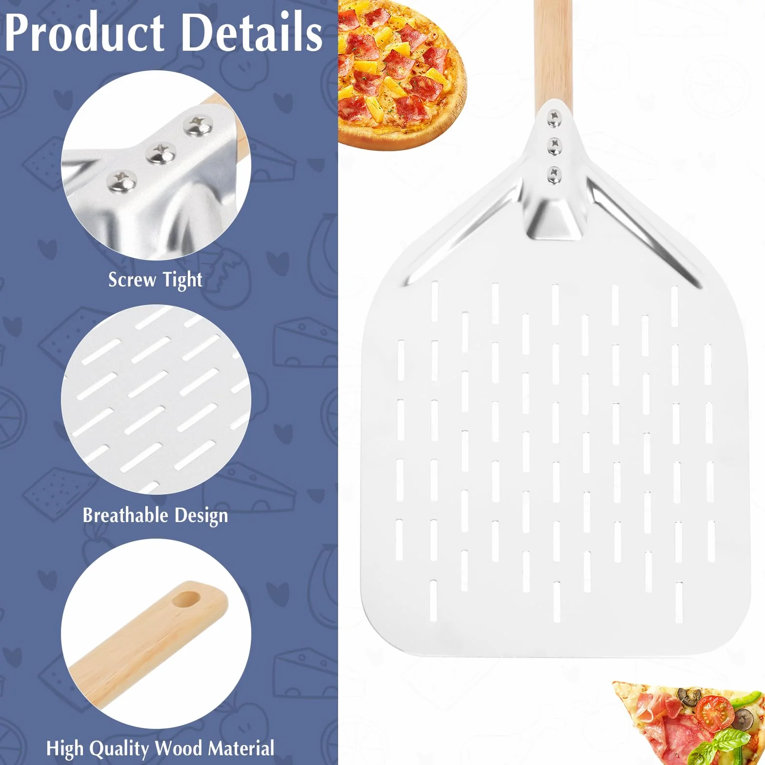 Pala Pizza 39.5 x30 x 2cm, Perforada de Aluminio Para Horno, Profesional Para Pan y Pizzas