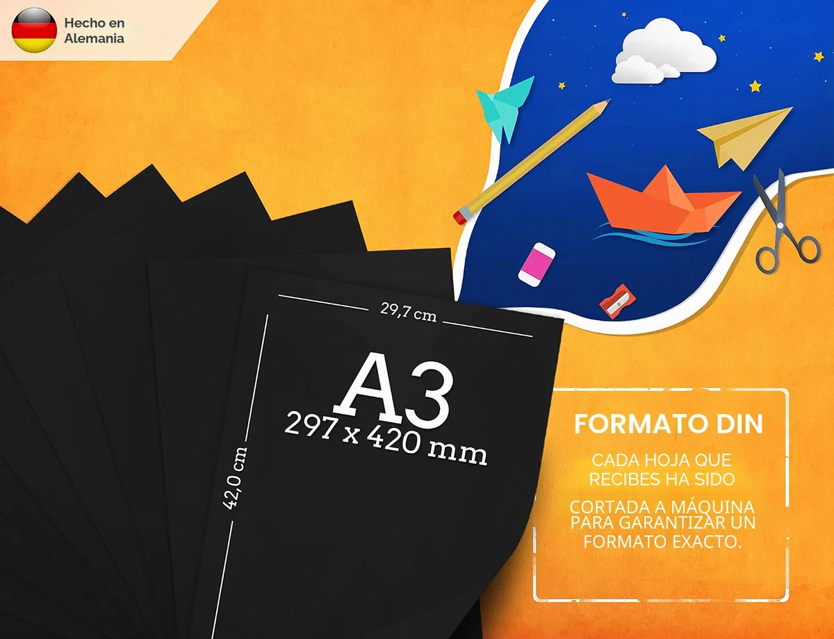 50 Hojas de Cartón Negro Para Manualidades, 300 g/m², Papel Prémium DIN A3, Sin Impresión Para Fotografía, Presentaciones, Cartones