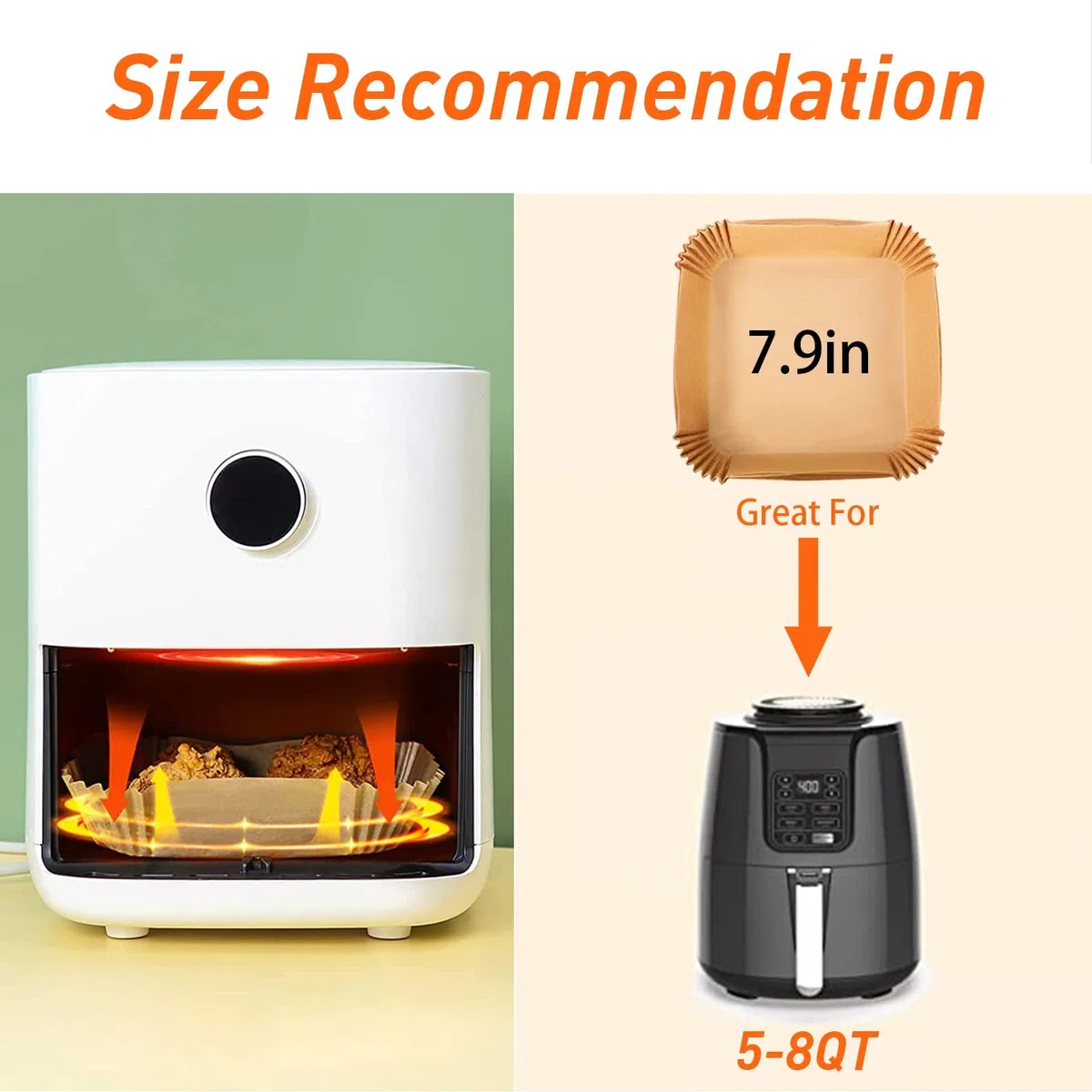 Papel para Freidora de Aire 200 Piezas, Forro de Papel Desechable Esteras Cuadrado de Pergaminos Antigrasa Papel de Aceite Silicona Antiadherente Aplicar a Air Fryer, 7.9 Pulgadas
