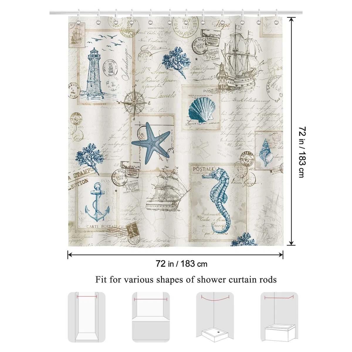 Bonhause Cortina de Ducha Náutico Ancla Faro Velero Cortina de Baño de Poliéster Impermeable Antimoho Lavable Cortina Ducha 180 x 180 cm con 12 Ganchos