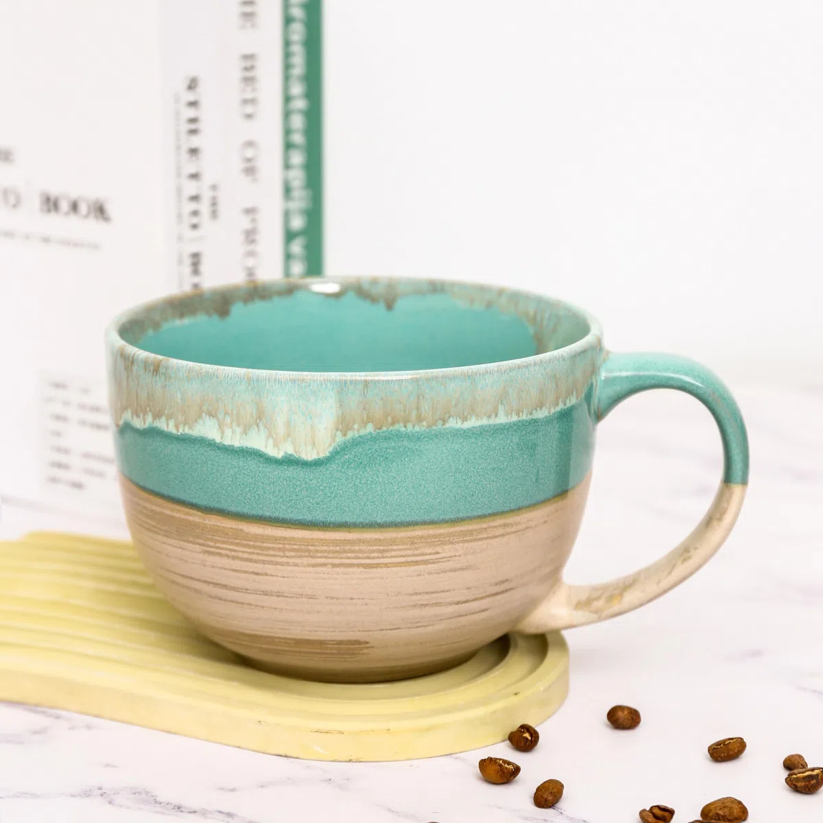 Tazas grandes de cerámica de 700 ml, tazones para cereales con asas, tazones para sopa, ensaladera, tazones para ramen, café, cereales, sopa, aperitivos, ensalada, helado (Verde)