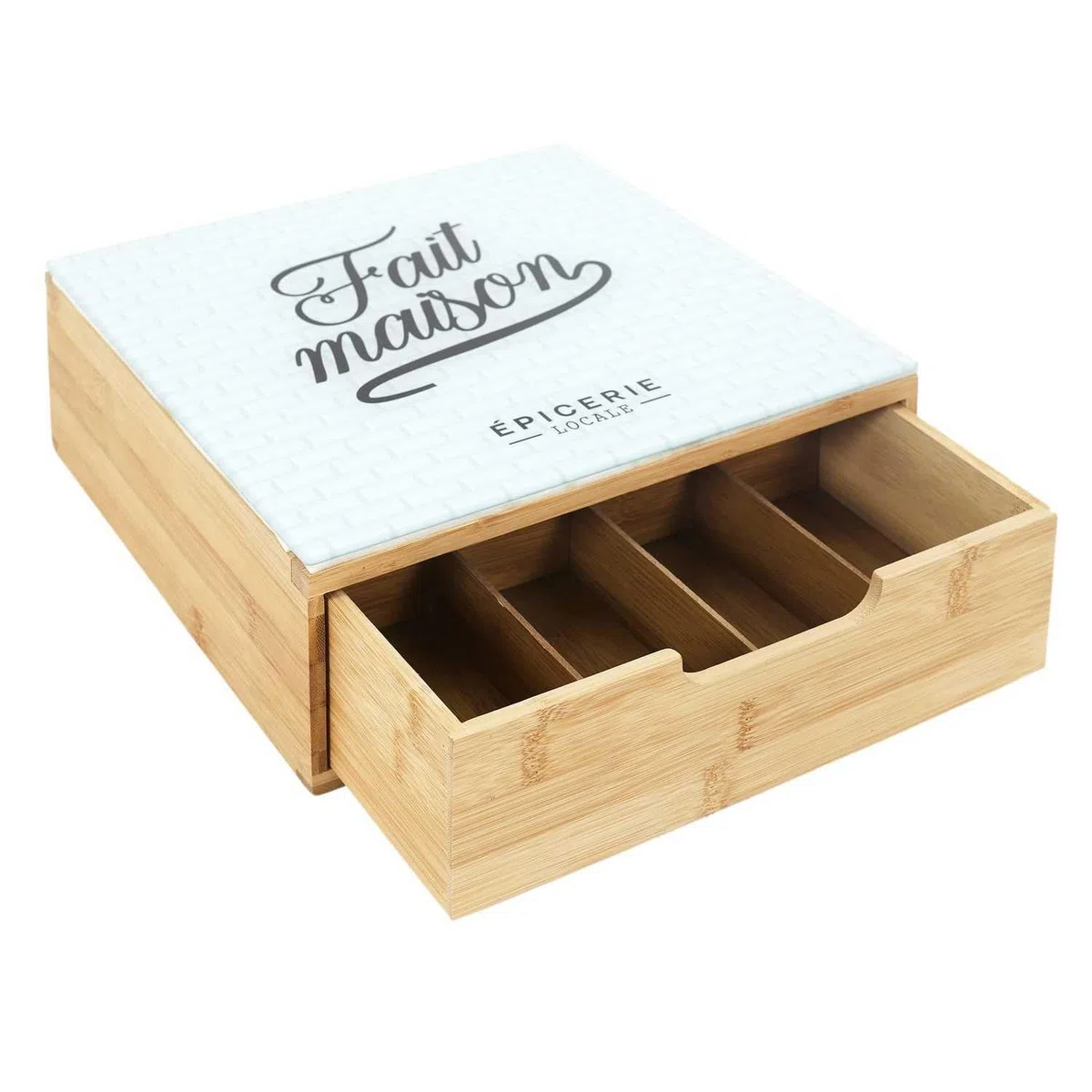 HOME DECO FACTORY - KA5953, Porta Cápsulas Cajón de Madera y Vidrio, Almacenamiento Organizado para Café y Té, Diseño Moderno, Fácil de Mantener, Dimensiones 30x10x30 cm, Color Marrón y Blanco