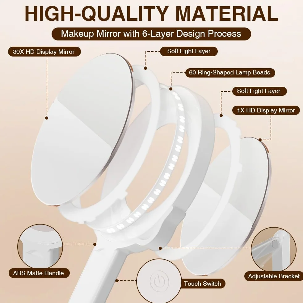 AUAUY Espejo Maquillaje con Luz, Aumento 30X/1X, Espejo Espelho Maquilhagem Portátil, 3 Modos de y Brillo Ajustable, Colgar Pared de Mesa Mano Portátil, para Dormitorio, Tocador, Viajes - Blanco