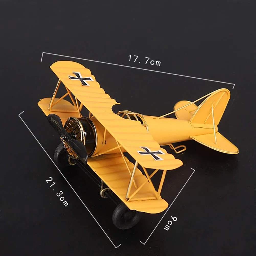 Modelo de avión vintage, biplano, colección de adornos de oficina - amarillo (21,5 x 17,7 x 9 cm)