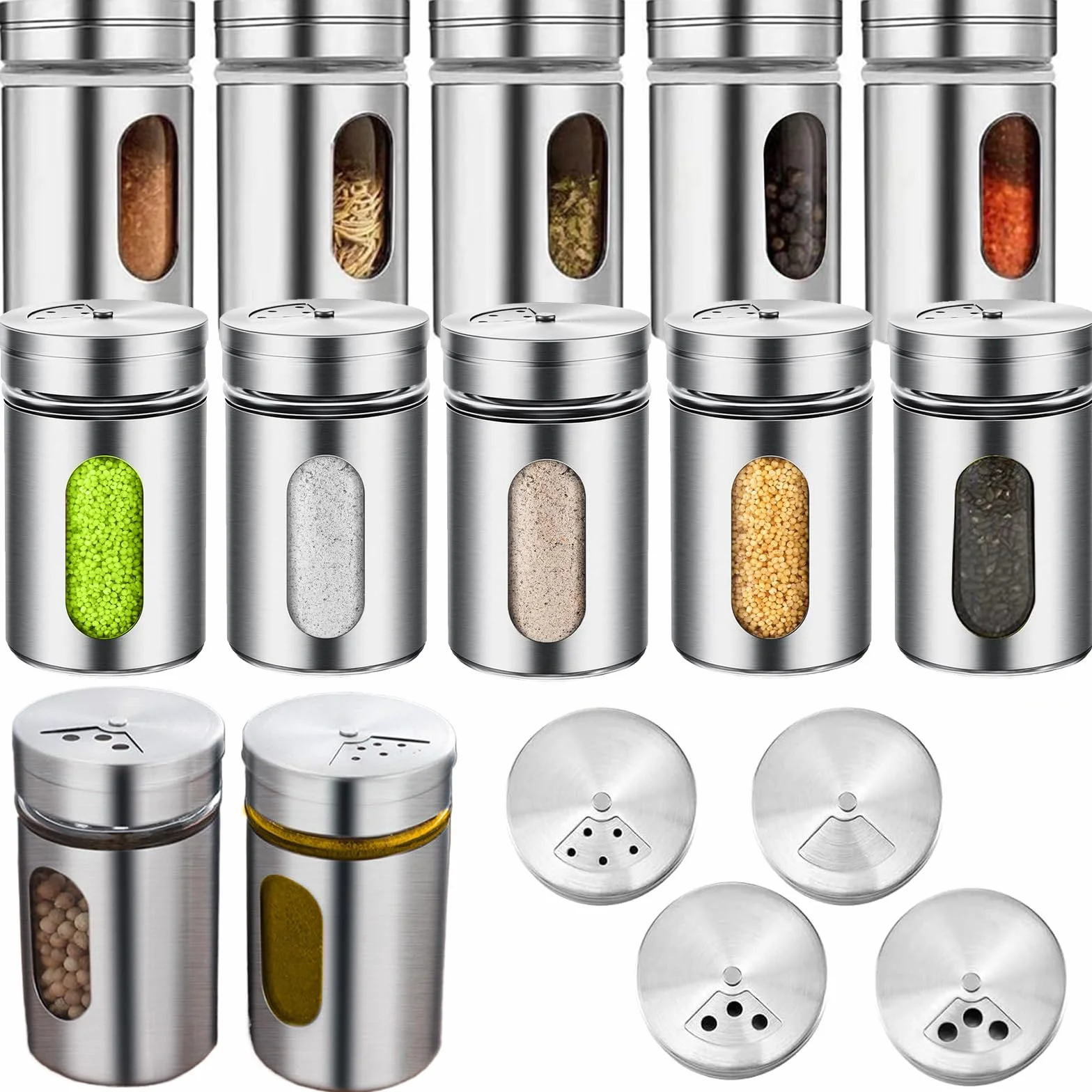 12Pcs 100ml Botes Especias con 3 Tipos Dosificadores, Tarros Acero Cristal Inoxidable Lavavajillas, Frascos Espaciarías Sal Pimienta Cocina para Conservar y Dosificar Pimentón, Polvos, Hierbas Secas