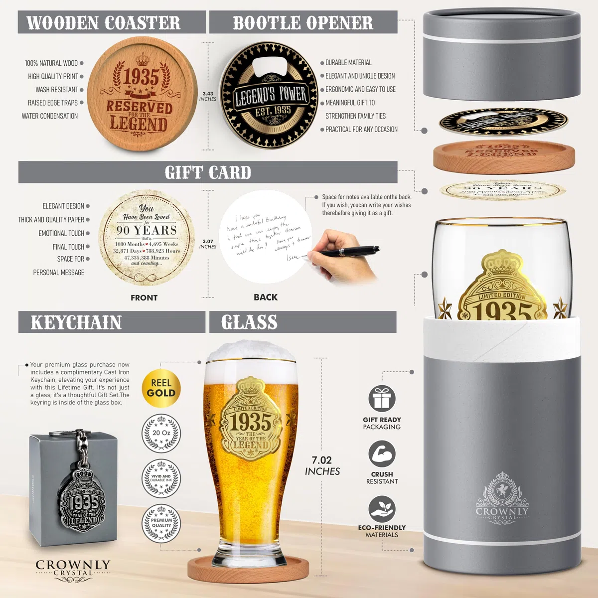 CROWNLY CRYSTAL® 1935 Regalos Originales Para Hombre Copas Personalizadas Copas De Cerveza 570 ml Regalos Para Padres Regalo Abuelo Regalo Hombre Original Regalos Hombre Regalo Hombre Cumpleaños