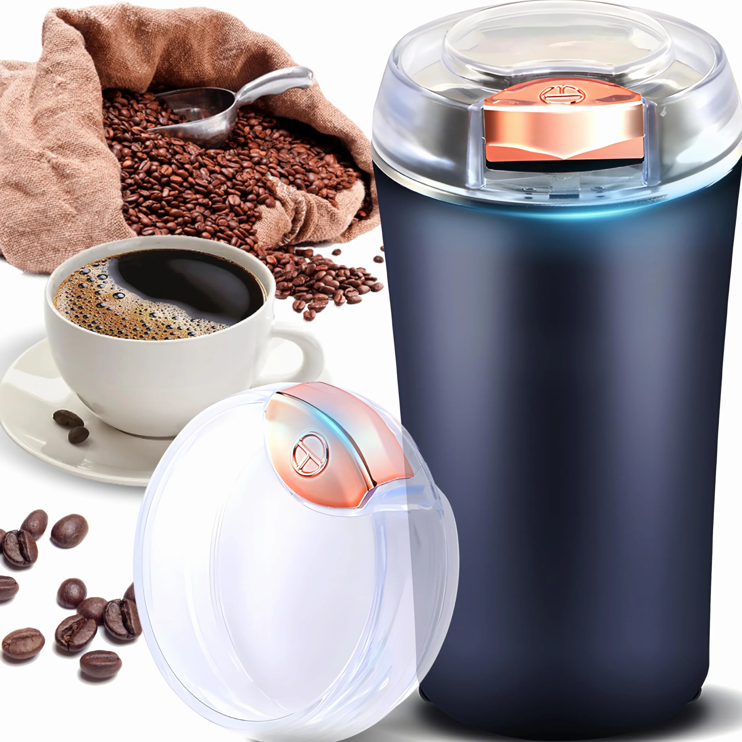 Retoo - Molinillo de café eléctrico con cuchillo de percusión de acero inoxidable, molino de cerámica en movimiento, grosor ajustable, cuchillo batidor de acero inoxidable, café filtro, espresso