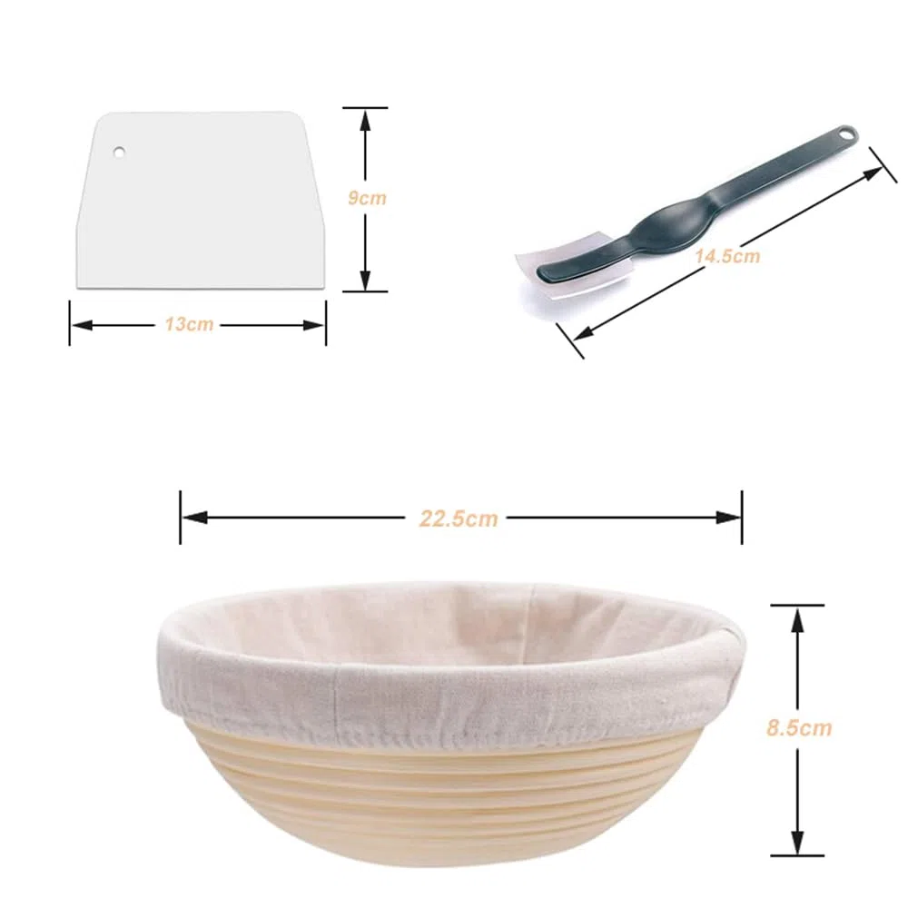 Voarge Cesta de fermentación Redonda, diámetro 25 cm, Altura 8,5 cm, una Cesta de fermentación Natural Hecha a Mano, con Inserto de Lino, espátula de Masa, Cuchillo de Pan (Redondo)