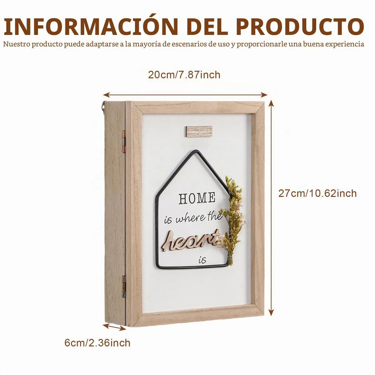 Caja para llaves, caja de llaves de madera, caja de llaves montada en la pared con 6 ganchos, fácil de montar en la pared para entrada, habitación, pasillo, baño, natural, 20 x 6 x 27 cm