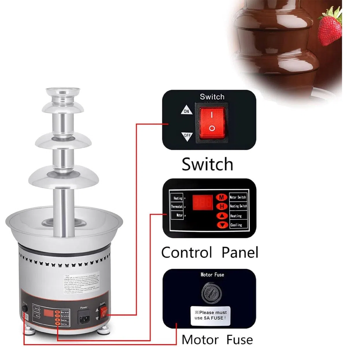 Fuente de chocolate con control de temperatura, ideal para fondue, queso, salsa barbacoa y frutas, perfecta para fiestas y reuniones