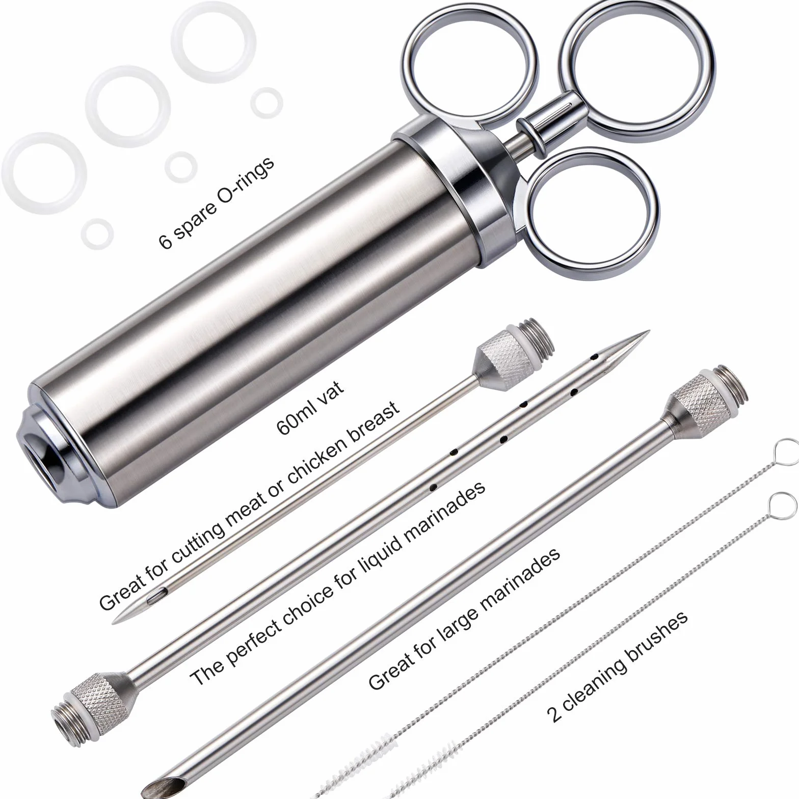 EXTSUD Jeringa de Cocina para Marinar 60 ml Inyector de Salsas de Acero Inoxidable con 3 Agujas, Idea para Marinar, Rellenar Carne, Barbacoa etc