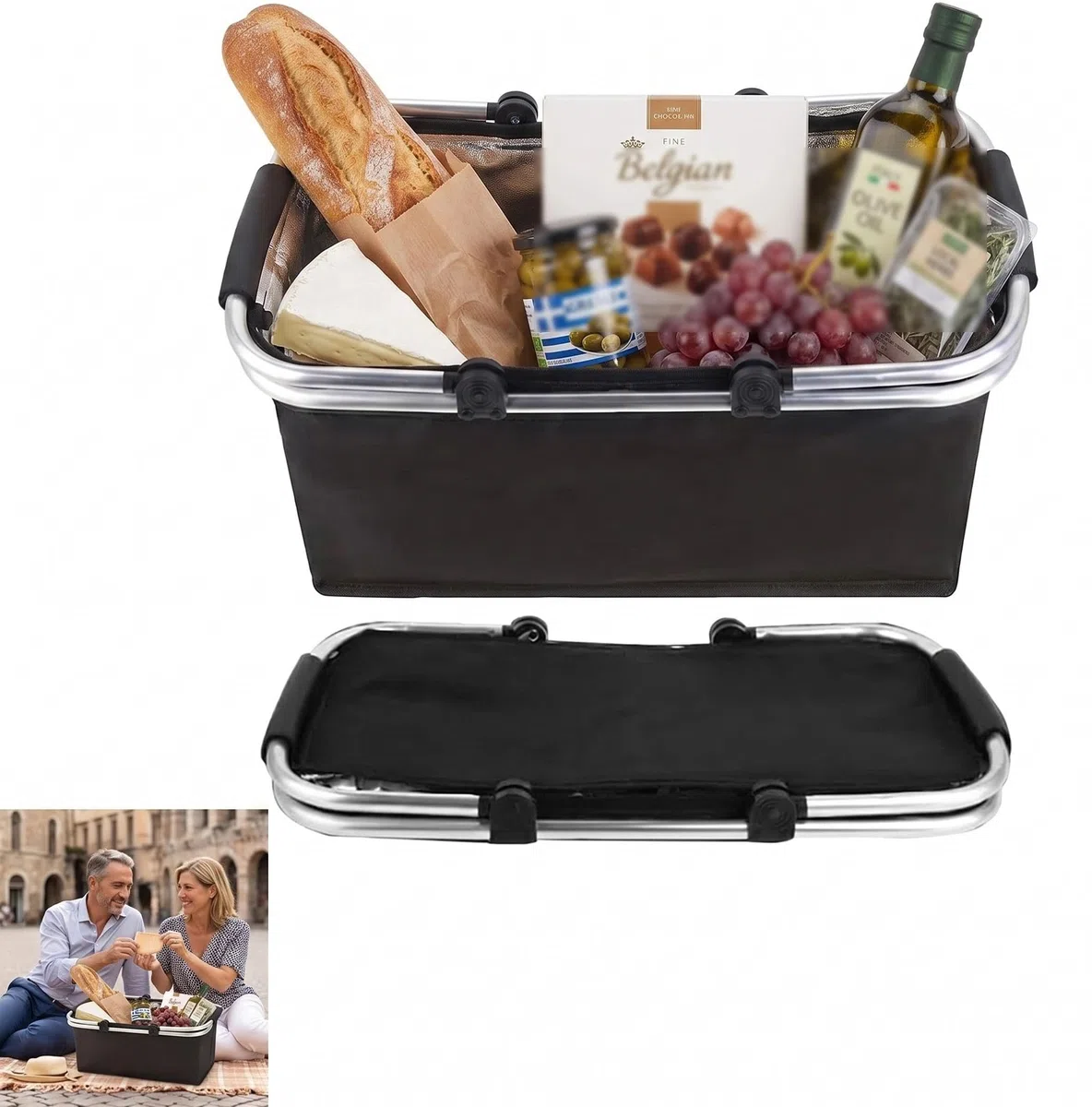 Cesta de la compra plegable con función de refrigeración, cesta de picnic térmica, cesta de transporte, nevera portátil con asas acolchadas, para ir de compras, viajar y hacer picnics. 18 L (Negro).