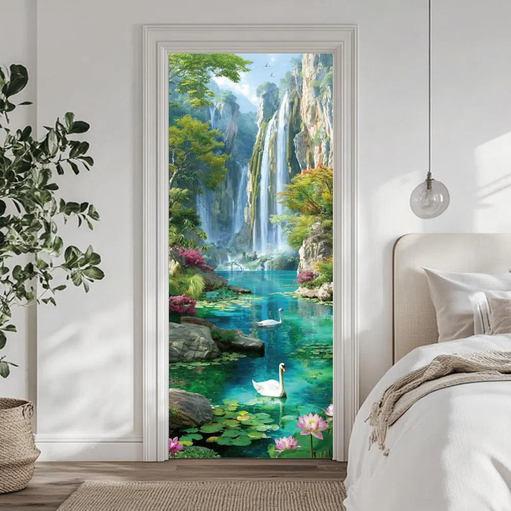 arricraft 2 calcomanías autoadhesivas para puerta, 31.5 x 78.7 pulgadas, diseño de lirio de agua de cisne, flores, plantas, paisajes verdes, murales de puerta, calcomanías de PVC para puertas