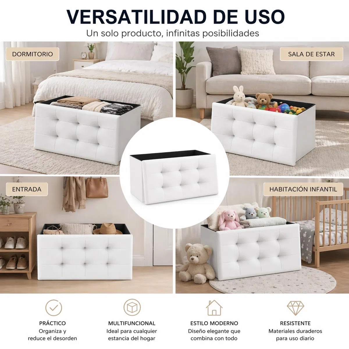 T-LOVENDO.ES Puff o Banco de almacenaje Plegable | Taburete Reposapiés Otomana | Baúl de Almacenamiento para Cama, Dormitorio, salón, Comedor o Recibidor | 38x76x38cm | Soporta 300kg.