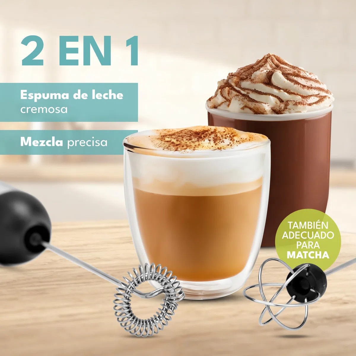LEBENLANG Espumador de leche electrico recargable - Conexión USB & batidor extra I Milk frother Mini batidora te matcha Barillas batir electrica Agitador de cafe eléctrico Batedor de leite elétrico