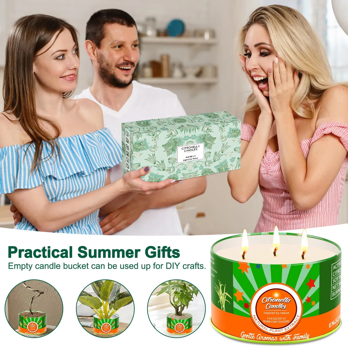 Aottom Vela de Citronela Grandes Jardín, Regalo Verano, 100% Natural Candle Cera de Soja, Velas Aromaticas para Exteriores/Interiores/camping/hogar, 2 * 14oz, 140H