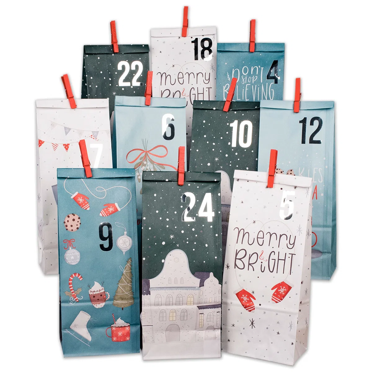 Papierdrachen Calendario de Adviento 2025 para rellenar, 24 bolsas de papel en color azul con pegatinas de números y grapas, diseño navideño, juego de manualidades para Navidad