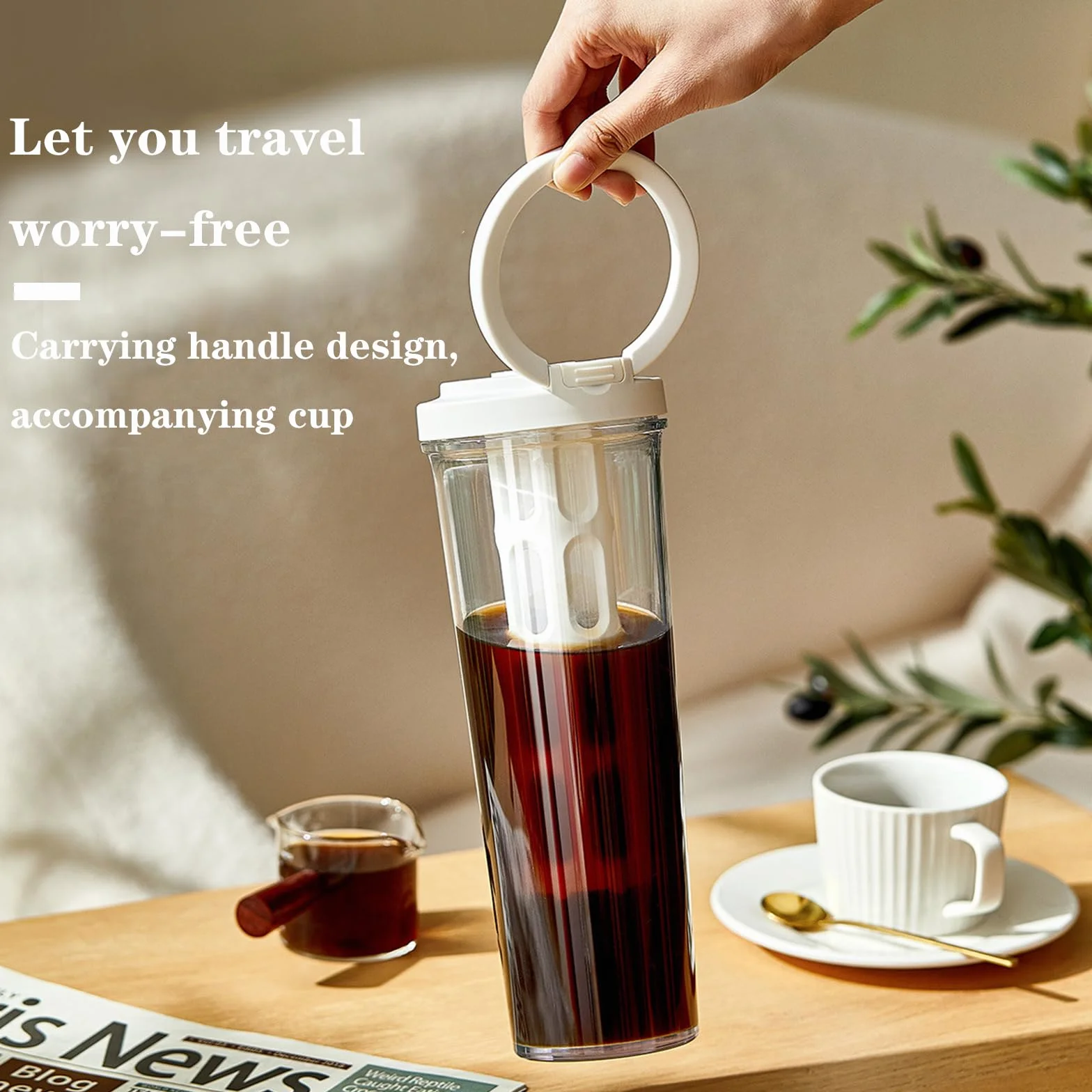 Cafetera fría y jarra de té helado, enfriador de bebidas de gran capacidad con filtro de malla, 1 L (35 onzas) (gris)