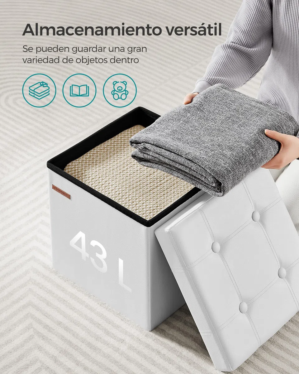 SONGMICS Puff Almacenaje de 38 cm, Banco de Almacenamiento Plegable con Tapa, Reposapiés, Cuero Sintético, Carga de 300 kg, para Entrada, Sala de Estar, Dormitorio, Blanco Nube LSF030W11