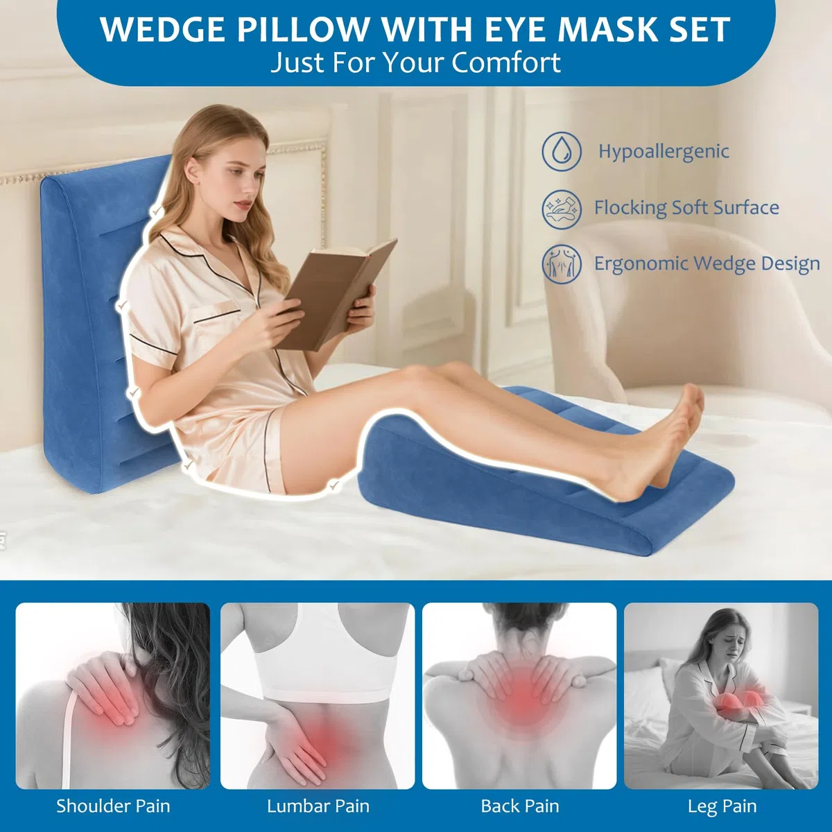 Almohada Cuña Hinchable De Viaje Para Dormir, Cojín Triangular Ergonómico Para Elevar Piernas Y Espalda, Cojín Cuña Portátil Ajustable Con Máscara De Ojos, Soporte Para Cama, Coche U Oficina, Azul