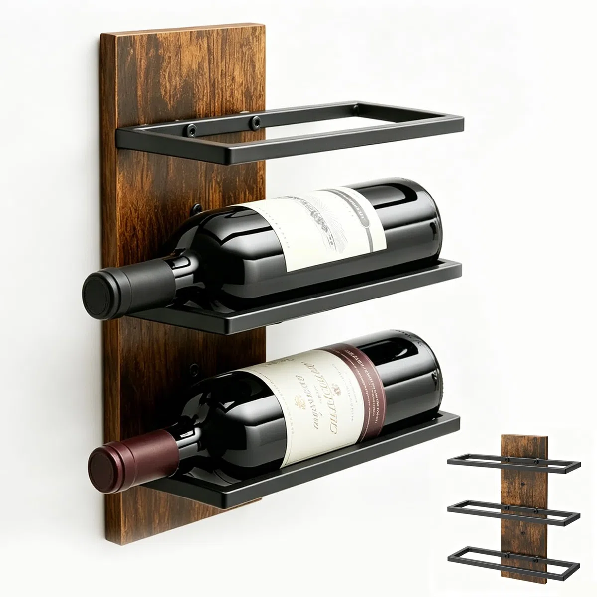 Botellero de pared para 3 botellas de vino, soporte para botellas con 3 niveles, estantería de metal para botellas de vino, para cocina, bar, comedor, bodega (negro)