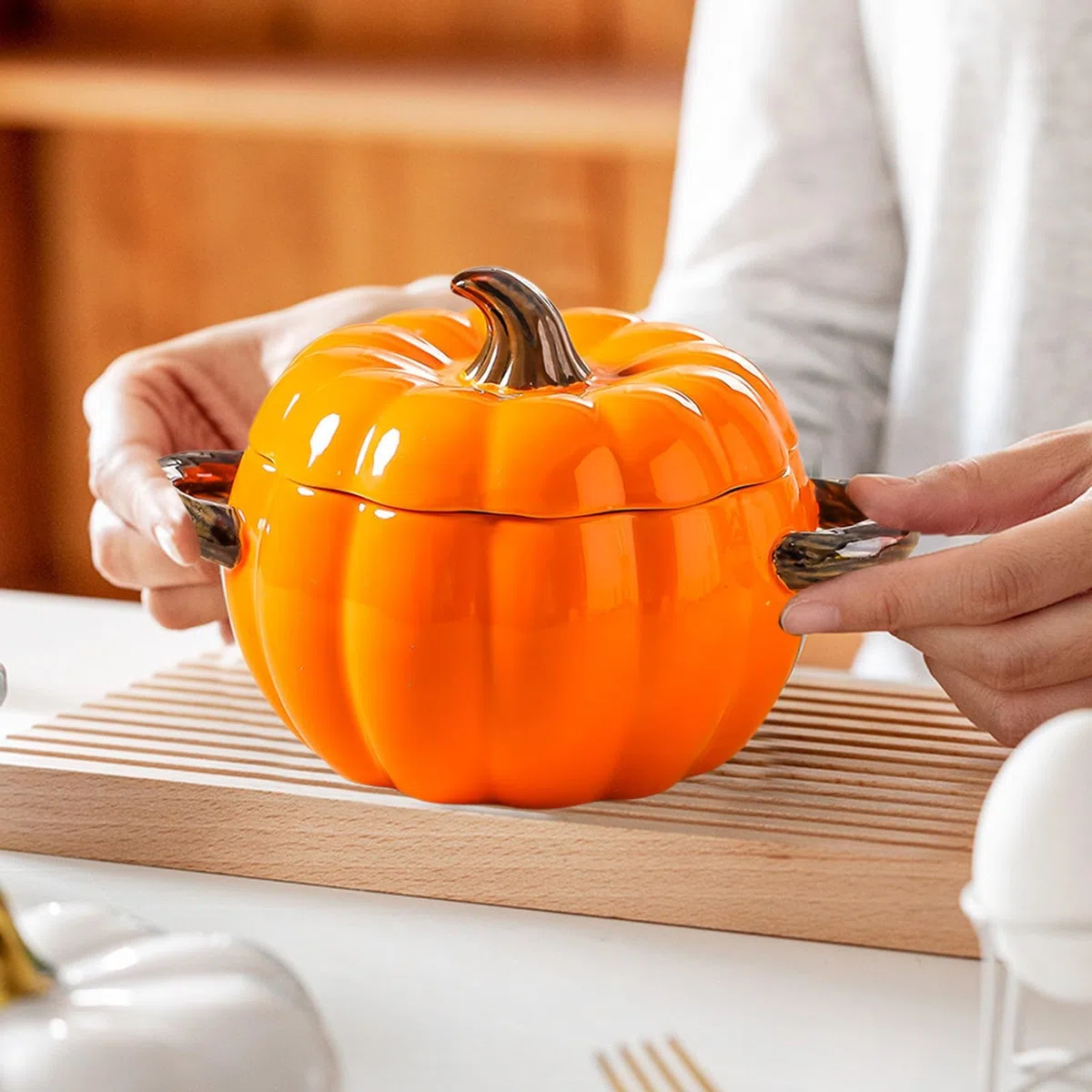 Olla de cerámica de calabaza, lindo cuenco de calabaza de cerámica,Cacerola de calabaza de cerámica antiadherente con tapa, vajilla de calabaza de porcelana para cocina, vajilla de agradecimiento de