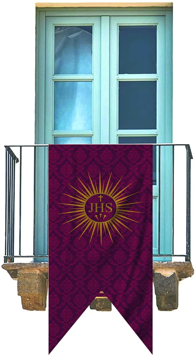 Porras E&B Balconera Colgadura Gallardete JHS Corona Semana Santa Religiosa en Tela con lazos 150x70 cm Damasco Rojo a 1 Cara