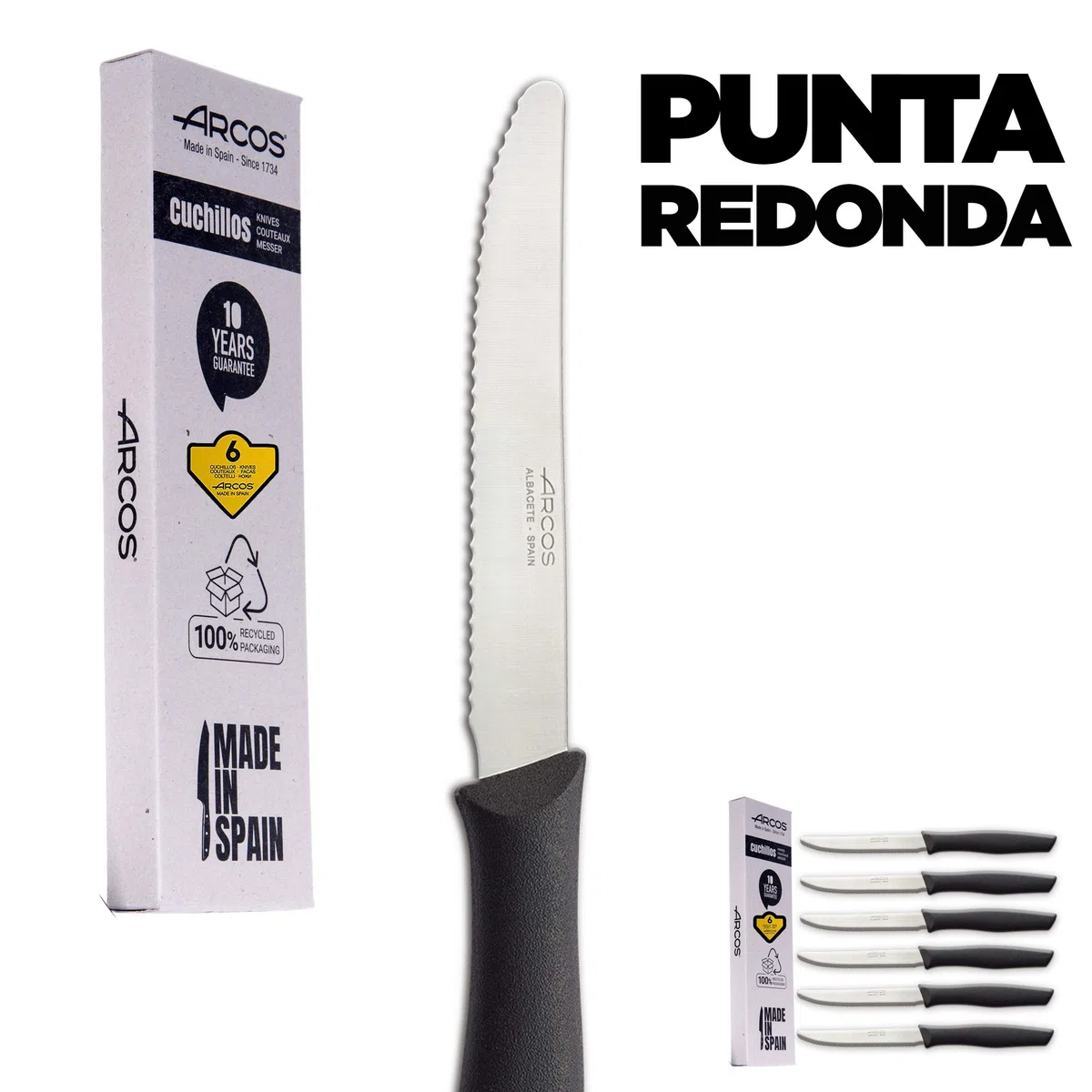 Arcos Juego Cuchillos Carne | Cuchillo chuleteros | Cuchillos Carne Cuchillos Mesa | 6 Uds | Hoja 110 mm | Acero Inoxidable | Mango Nylon | Apto lavavajillas | Envase Ecológico (Filo Serrado)