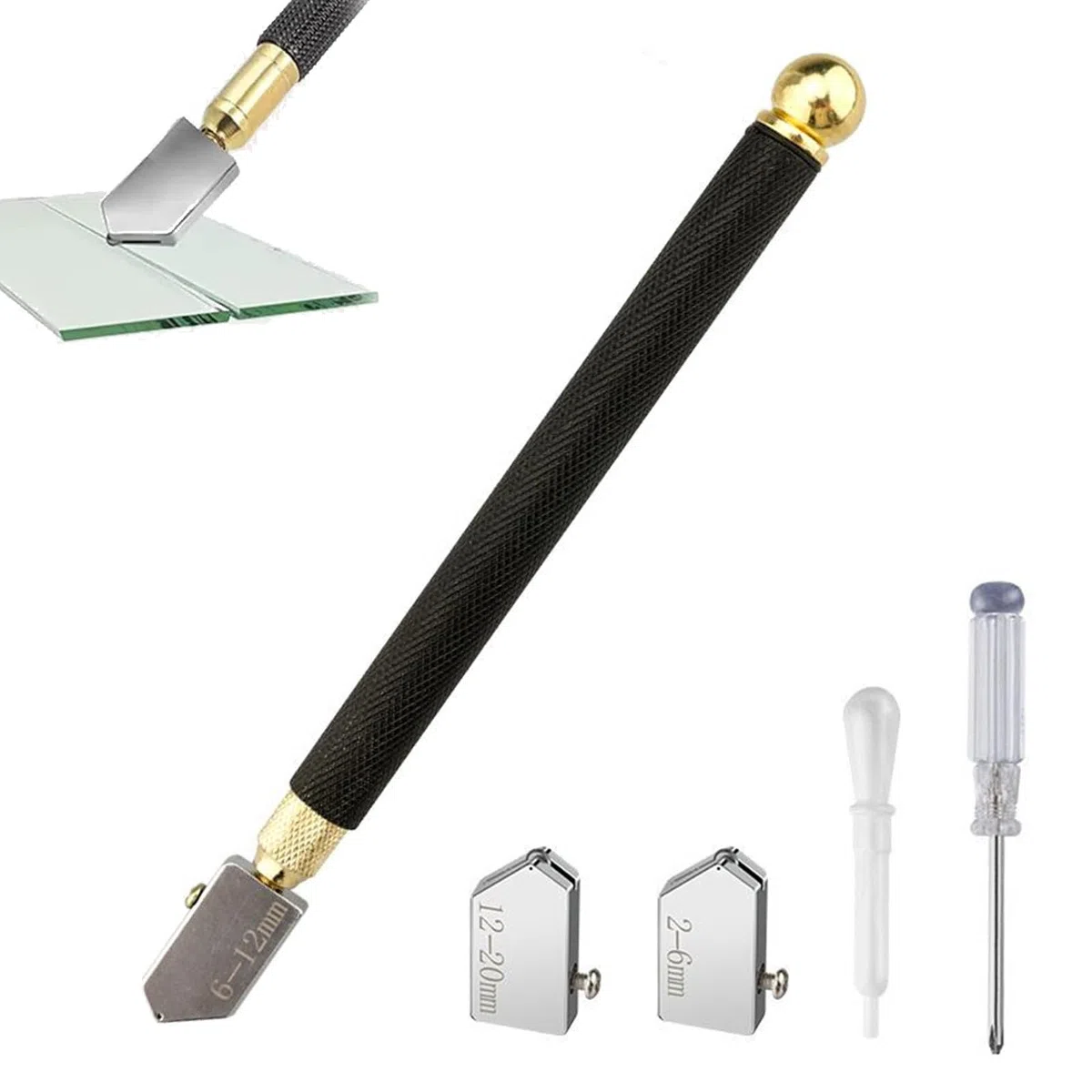 Cortador de Vidrio de 2-20 mm, Juego de Cortadores de Vidrio con 3 Cabezales de Corte de Carburo, Mango Antideslizante, Herramienta para Vidrio Grueso, Espejos, Azulejos, Mosaicos
