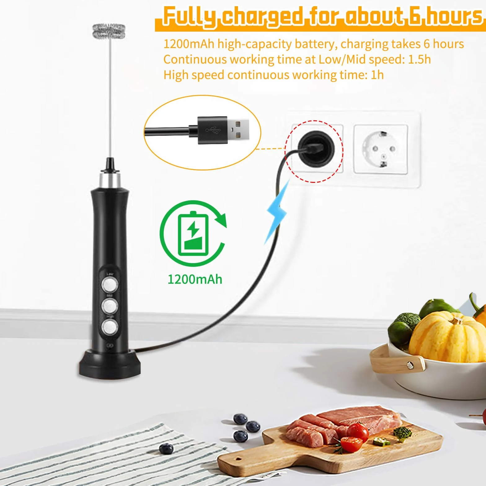Espumador Leche USB Recargable Eléctrico 3 Velocidades, Batidora Espuma Mano Acero Inoxidable 3 Cabezales Batidores,Batidor Mini Moderno para Espumar Café/Capuchino/Batir Huevos/Mezclar/Matcha/colacao