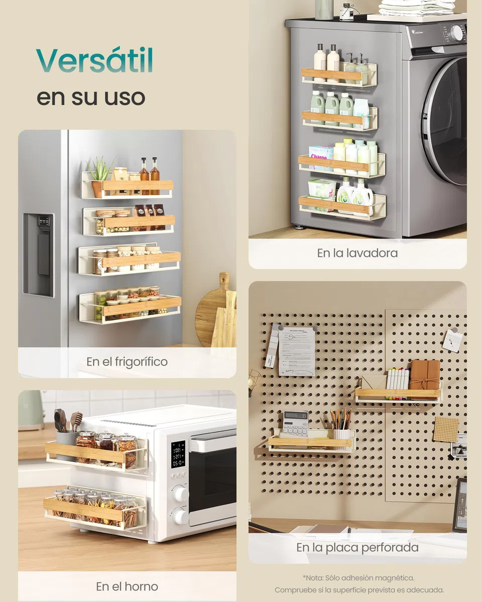 SONGMICS Especiero Magnético, Juego de 4, 2 Estantes Grandes y 2 Pequeños, Organizador de Especias sin Taladrar, para Cocina, Frigorífico, Microondas, Lavadora, Blanco Crema KCS062WD01
