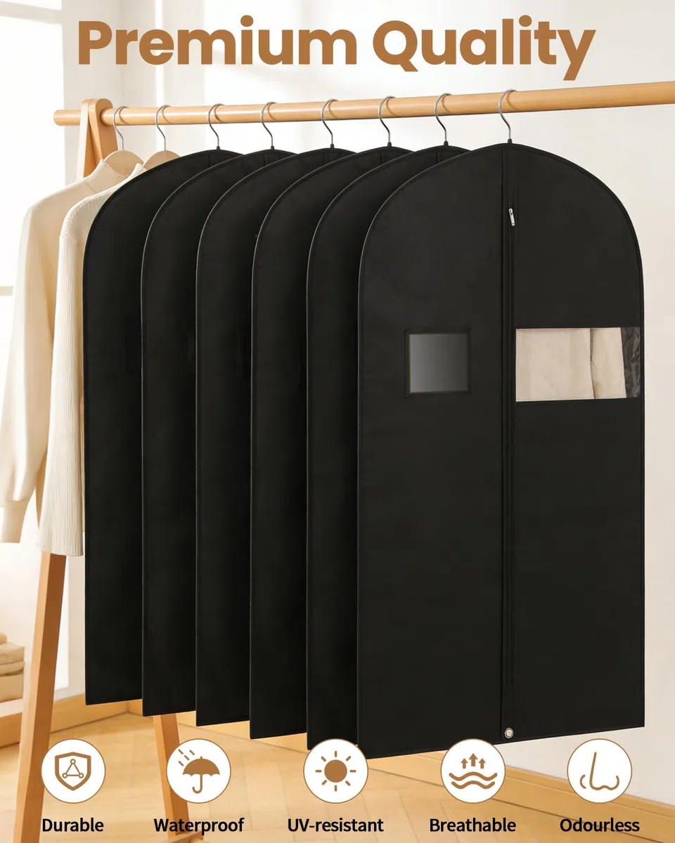 6 Piezas Fundas Ropa Negro,60x100cm Fundas De Ropa a Prueba De Polvo,Adecuado Para Porta Trajes Viaje Hombre,Trajes, Chaquetas, Camisas