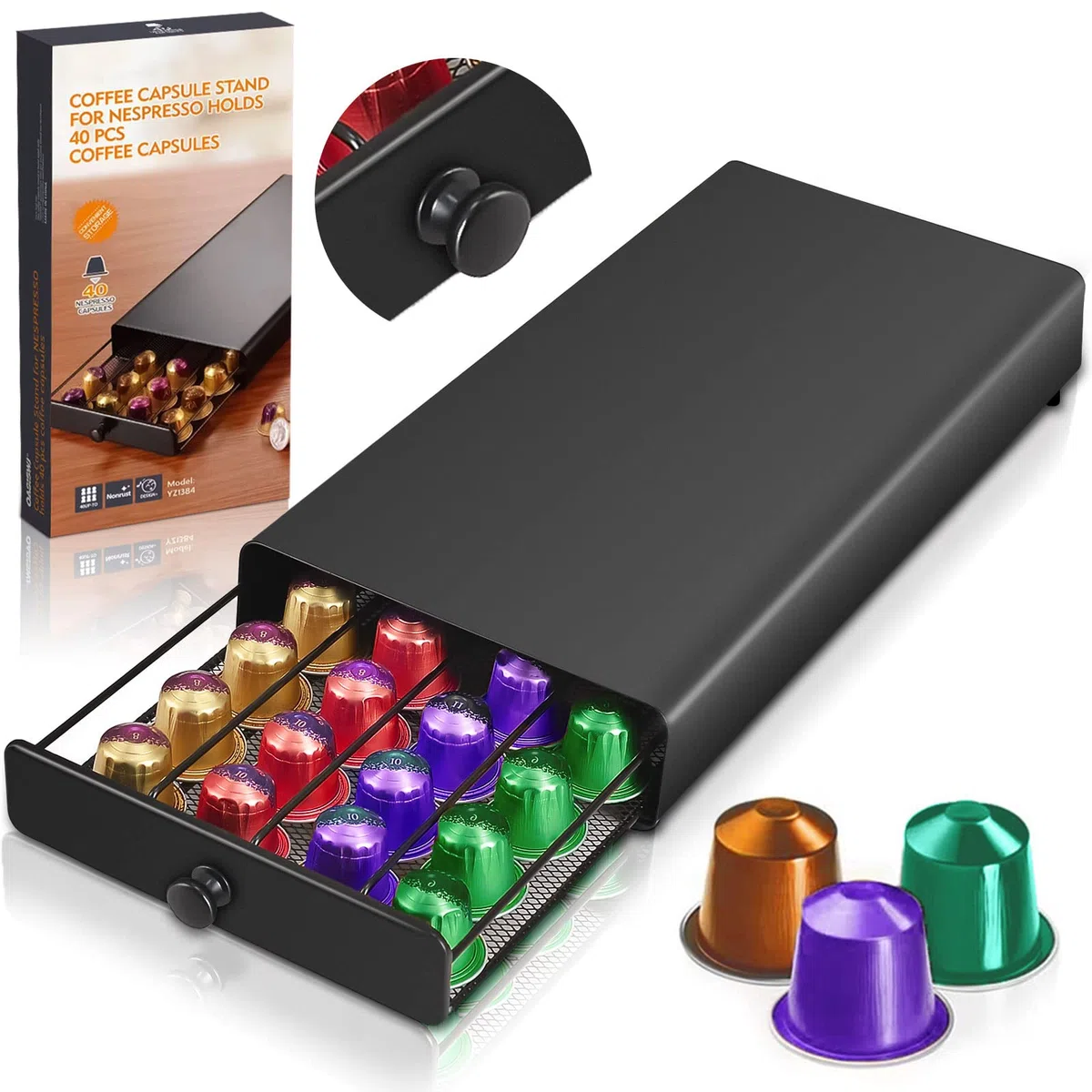 Soporte Organizador para 40 Cápsulas para Máquina de Café Nespresso con Dispensador de Cápsulas, Cajón para Almacenar, Portacápsulas, Acero