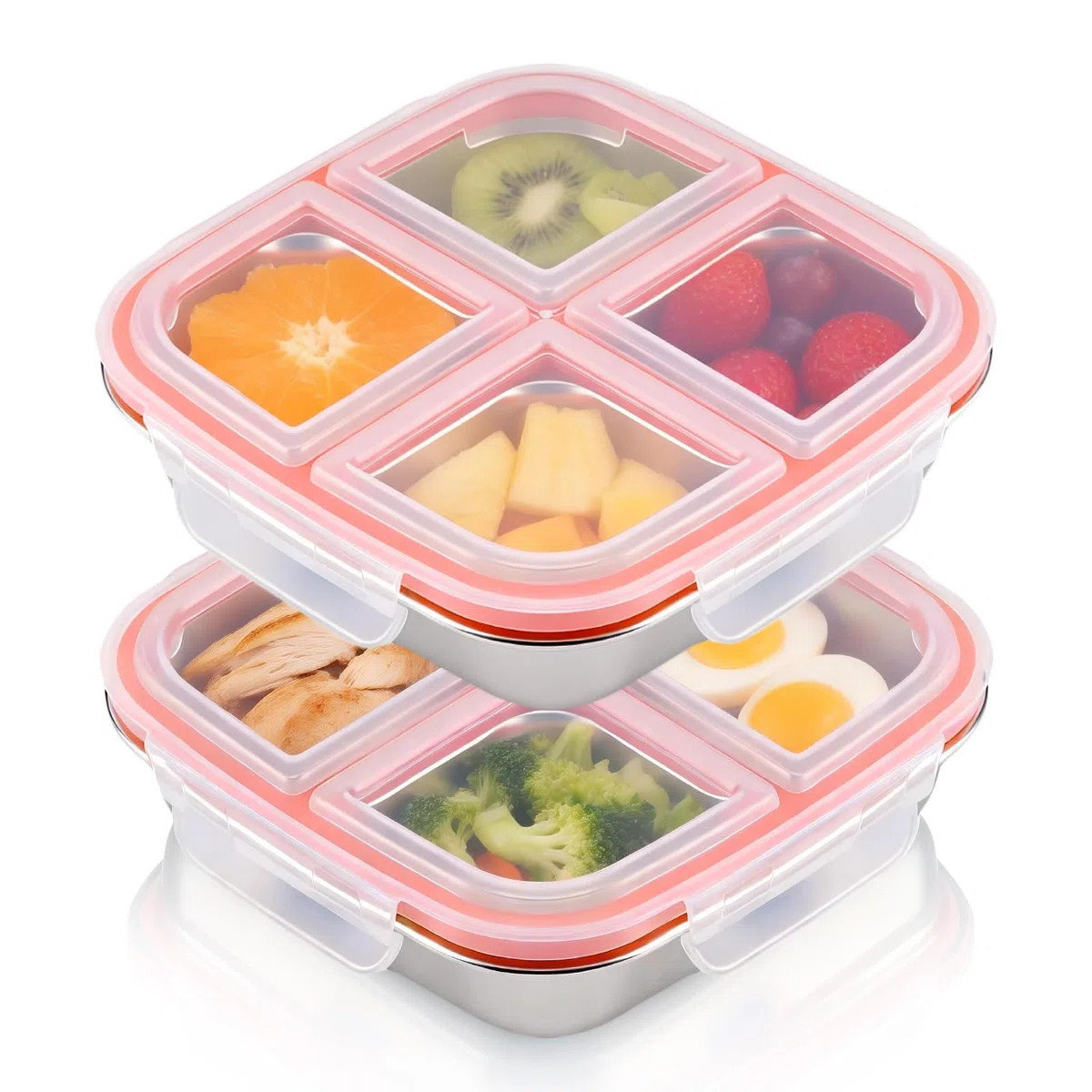 2uds Snack Box Con 4 Compartimentos, Fiambrera Acero Inoxidable Para Adultos, Recipientes Herméticos Para Alimentos, Tapers Para Comida Hermetico Con Tapa (600ML)