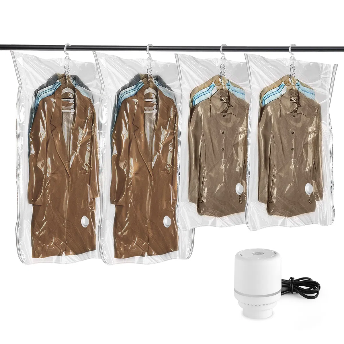 flintronic 4pc Bolsas al Vacio Ropa, Bolsas Colgantes de Almacenamiento al Vacío, Bolsas de Vacio Reutilizable, con Bomba EléCtrica, para Ropa Trajes Abrigos Chaquetas Vestidos