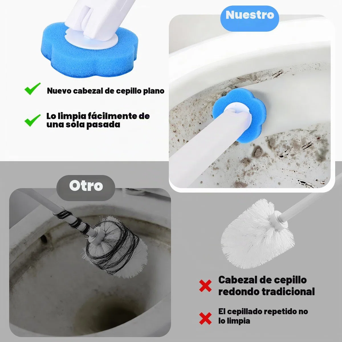 Juego de 2 cepillos de inodoro con 48 piezas de repuesto para limpiador, cabezal flexible, set con soporte y mango para lavabo, inodoro y piscina