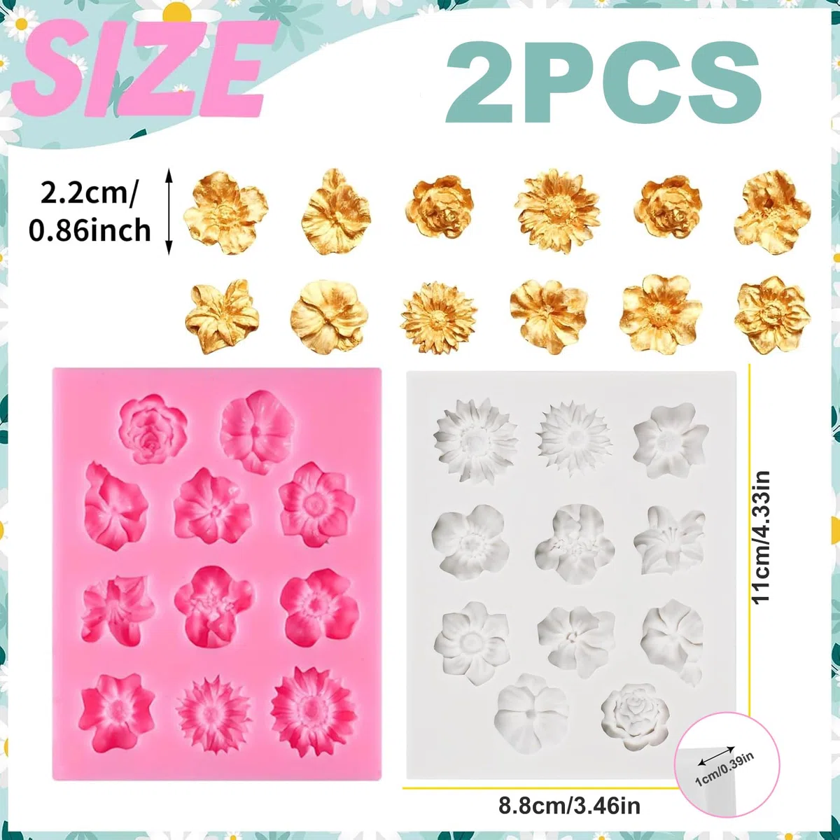 2 Piezas Moldes de Silicona de Flores 3D, 11 Cavidades Variadas, Moldes de Arcilla Polimérica, para Fondant y Resina Epoxi, Ideal para Decoración, Chocolate, Velas y Horneado (Gris, Rosa)